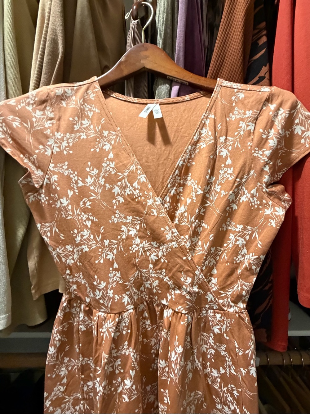 Pact Fit & Flare Ochre Peach Tan Crossover Midi Dress XS - Picture 4 of 6